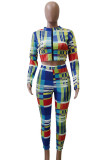 Multi-color Casual Print Patchwork Zipper O Neck Long Sleeve Two Pieces
