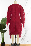 Мандариновое красное повседневное однотонное лоскутное платье с кисточками и круглым вырезом, прямые платья