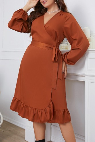 Brown Casual Solid Frenulum V Neck Long Sleeve Plus Size Dresses
