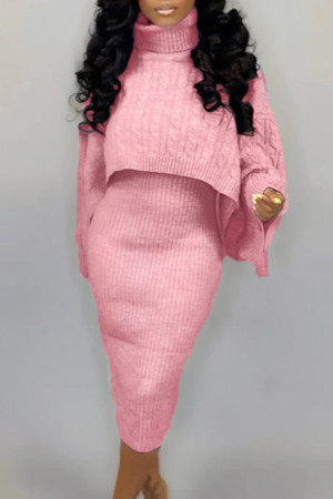Pink Elegant Solid Patchwork Turtleneck Long Sleeve Two Pieces