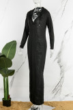 Черные повседневные однотонные платья с воротником с капюшоном и длинными рукавами