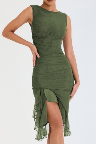 Army Green Casual Solid Fold Asymmetrical O Neck Sleeveless Dress Dresses