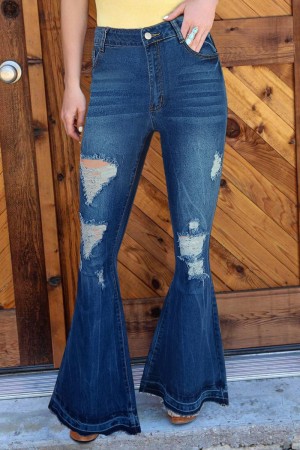Deep Blue Casual Solid Ripped High Waist Boot Cut Flare Denim Jeans