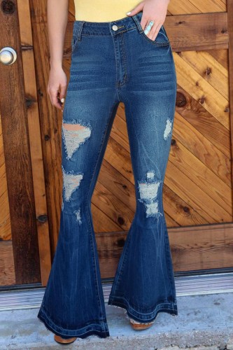 Tiefblaue, legere, einfarbige, zerrissene Boot-Cut-Denim-Jeans mit hoher Taille