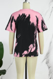 Schwarz-rosa Basic-T-Shirts mit O-Ausschnitt und lässigem Aufdruck