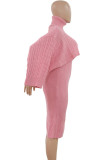 Rosa, elegantes, einfarbiges Patchwork-Rollkragenpullover mit langen Ärmeln, Zweiteiler