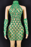 グリーン セクシー ソリッド パッチワーク シースルー ホット ドリル タートルネック ペンシル スカート ドレス (袖を含む)