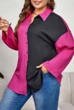 Rose Red Casual Patchwork Contrast Shirt Collar Plus Size Tops