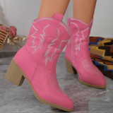 Zapatos de puerta cómodos y puntiagudos con patchwork bordado informal rosa (altura del tacón 1.77 pulgadas)