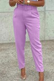 Pantalones de color sólido convencionales de cintura alta regulares con cinturón de parches lisos casuales rojo rosa