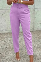 Hellviolette, lässige, solide Patchwork-Hose mit Gürtel, normale, hohe Taille, herkömmliche einfarbige Hose