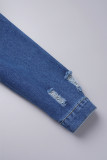 Blå Casual Solid Ripped Patchwork Cardigan Turndown-krage Långärmad Vanlig jeansjacka