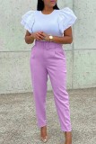 Pantalon violet clair, décontracté, solide, Patchwork, avec ceinture, taille haute, conventionnel, couleur unie