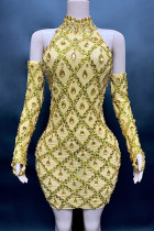 geel sexy effen patchwork doorzichtige hete boor coltrui kokerrok jurken (inclusief de mouw)
