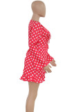Rode, zoete stippen-patchwork-jurken met V-hals en lange mouwen