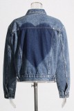 Blue Casual Patchwork Buttons Turndown Collar Long Sleeve Regular Colorblock Denim Jacket (Subject To The Actual Object)