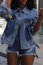 Blue Casual Patchwork Buttons Turndown Collar Long Sleeve Regular Colorblock Denim Jacket (Subject To The Actual Object)