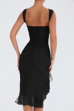 Black Casual Solid Fold Asymmetrical O Neck Sleeveless Dress Dresses