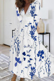 Weiß-Rosa Lässiges Patchwork-Kleid mit V-Ausschnitt und langen Ärmeln