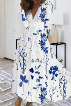 ホワイト ブルー カジュアル プリント パッチワーク V ネック ロング スリーブ ドレス