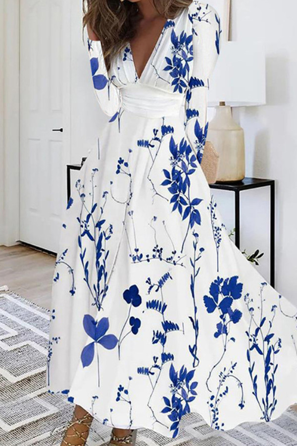 Weiß Blau Casual Print Patchwork V-Ausschnitt Langarm Kleider