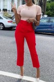 Patchwork solido casual rosso con cintura Pantaloni convenzionali a tinta unita convenzionali a vita alta