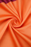 Orangefarbenes, lässiges Patchwork-Kleid mit Schlitz und V-Ausschnitt und kurzen Ärmeln