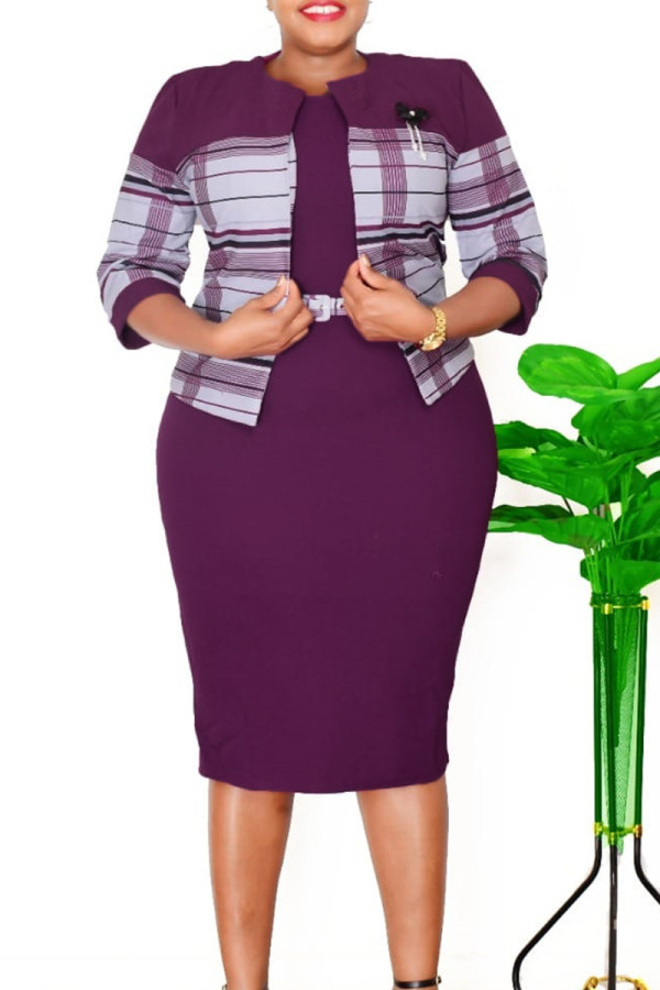 Фиолетовый Плюс размер Элегантная полосатая лоскутная юбка с поясом и круглым вырезом Завернутая юбка больших размеров из двух частей
