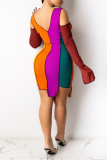 Flerfärgad Casual Patchwork Frenulum Kontrast U-hals långärmade klänningar