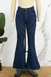 Azul escuro casual sólido retalhos botões cintura alta jeans skinny