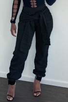 Pantalon décontracté noir uni, patchwork, taille moyenne, conventionnel, couleur unie