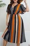 Vestido de manga curta multicolor estampa casual patchwork com decote em V vestidos tamanho grande
