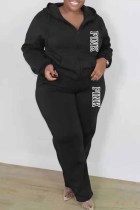Black Casual Print Letter Hooded Collar Plus Size Two Pieces
