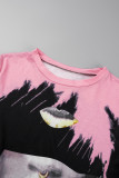 Schwarz-rosa Basic-T-Shirts mit O-Ausschnitt und lässigem Aufdruck