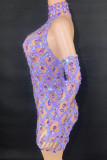 Фиолетовые сексуальные однотонные лоскутные прозрачные платья-юбки-карандаши с высоким воротником и рукавами (включая рукава)