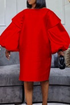 Vestidos vermelhos casuais sólidos básicos com decote em O e manga comprida