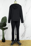 Negro Casual Estampado de camuflaje Patchwork Cuello con capucha Manga larga Dos piezas