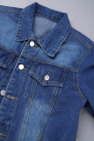 Blue Casual Solid Ripped Patchwork Cardigan Turndown Collar Long Sleeve Regular Denim Jacket