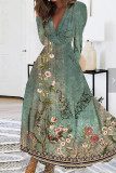 Vit Rosa Casual Print Patchwork V-hals långärmade klänningar