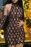 ローズレッドのセクシーなソリッドパッチワークシースルーホットドリルタートルネックペンシルスカートドレス(袖を含む)
