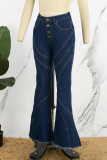 Dark Blue Casual Solid Patchwork Buttons High Waist Skinny Denim Jeans