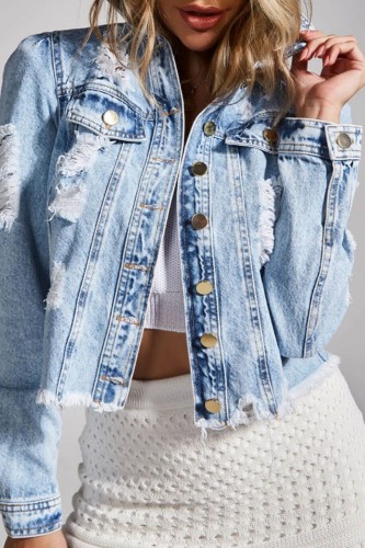 Blue Casual Solid Turndown Collar Long Sleeve Regular Distressed Ripped Cropped Denim Jacket
