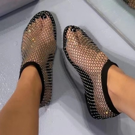 Zapatos planos con puerta exterior con diamantes de imitación y retazos ahuecados informales negros
