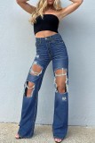 Blue Casual Solid Ripped High Waist Skinny Denim Jeans