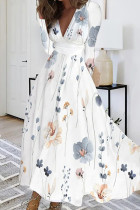 Witgrijze jurken met casual print en patchwork met V-hals en lange mouwen