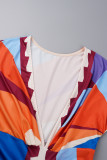 Oranje casual print patchwork split v-hals korte mouw jurkjurken