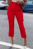 Rosa vermelho casual sólido retalhos com cinto regular cintura alta convencional calças de cor sólida
