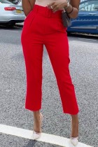 Rote, lässige, solide Patchwork-Hose mit Gürtel, normale, hohe Taille, herkömmliche einfarbige Hose