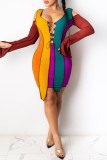 Flerfärgad Casual Patchwork Frenulum Kontrast U-hals långärmade klänningar