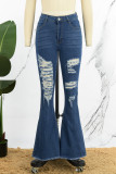 Темно-синие повседневные однотонные рваные джинсы из денима с высокой талией